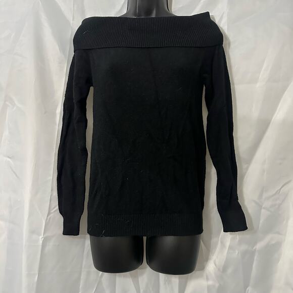 Lulus Off Shoulder Black Sweater Small Long Sleeve Ribbed Foldover Neck Knit Top - Picture 1 of 3